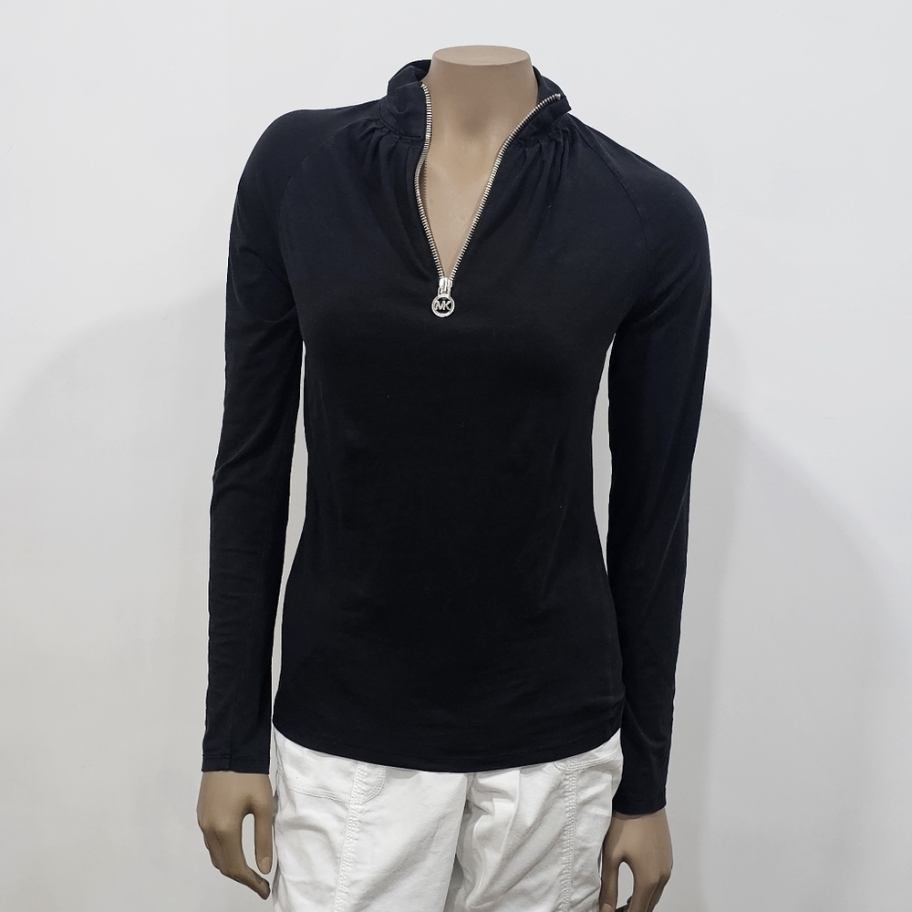 Michael kors women blouse long sleeve 1/2 zip front small black